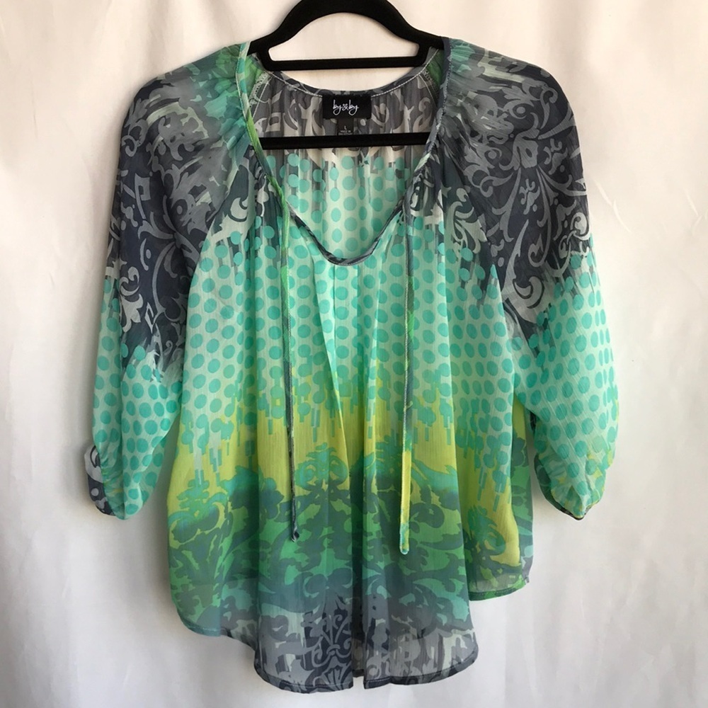 By & By blue & green semi-sheer front-tie blouse